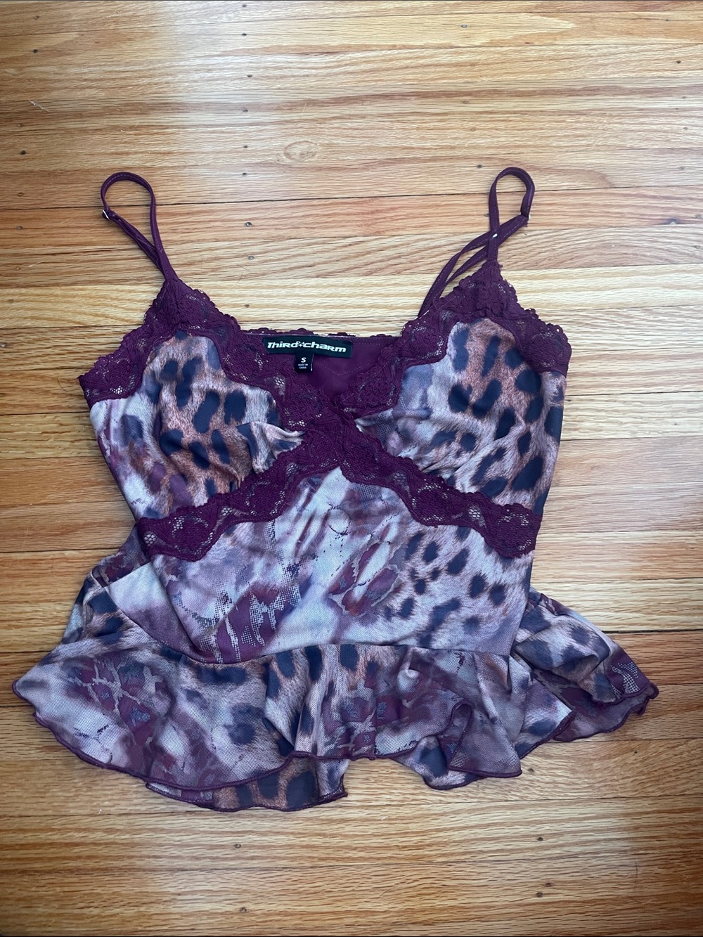 Women's Animal Print Lace Trim Tank Top in Plum